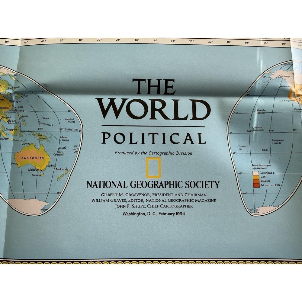 National Geographic Society‎ The World Political Map Folded Poster 1994 BIG!